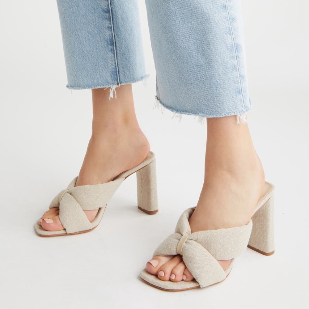 Schutz Heeled Fairy High Slide Linen Sandal Oyster Cream Light Tan Size 8.5B NIB